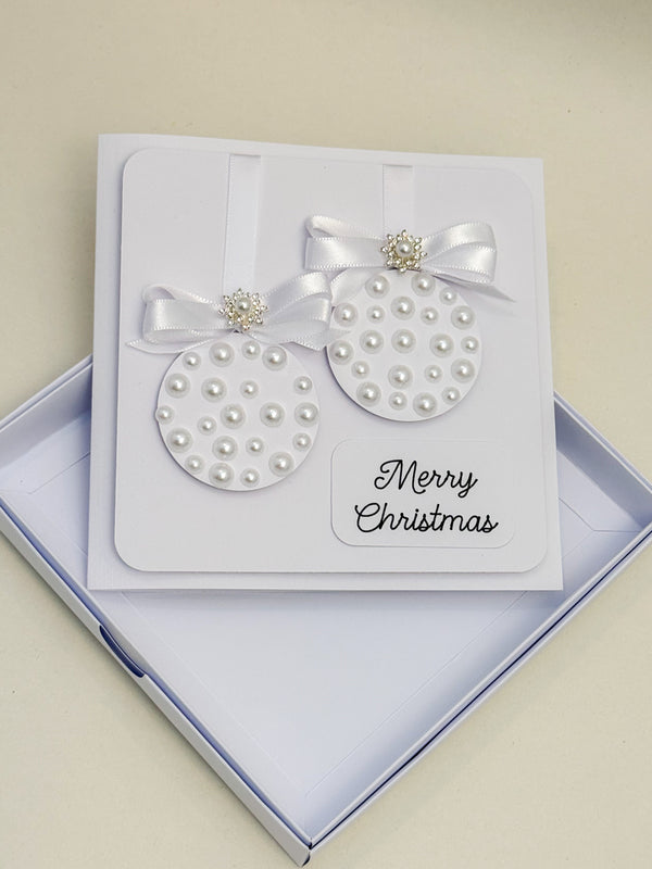 Elegant Handmade Christmas Card with white Bow and Gem Ornament Design