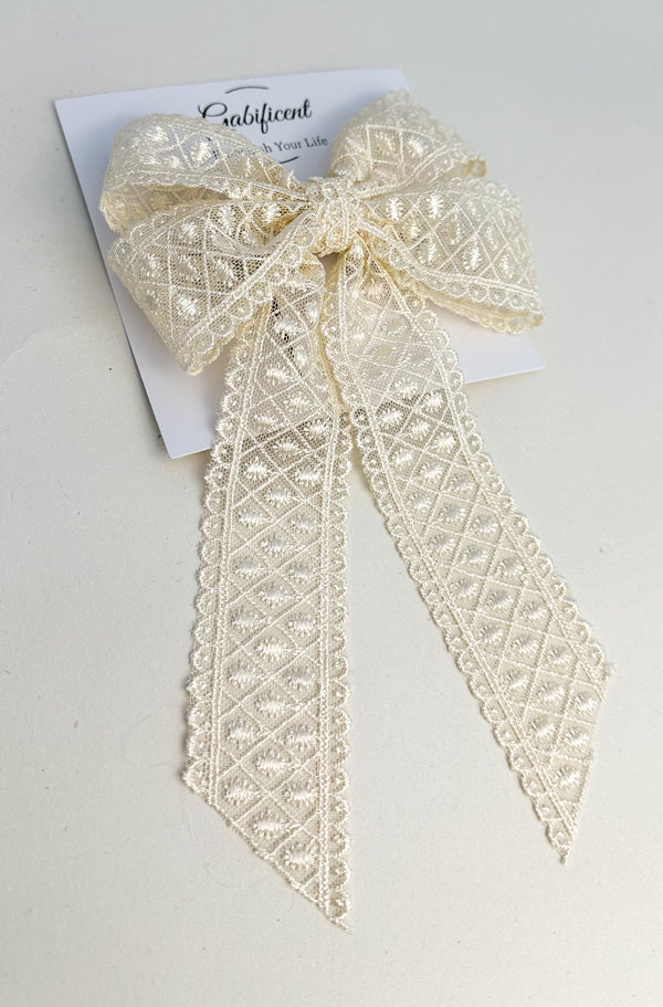 Large lace hair bow with tails “Cream” Gabificent