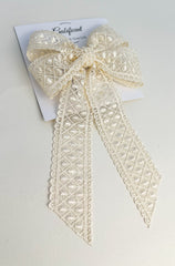 Large lace hair bow with tails “Cream” Gabificent