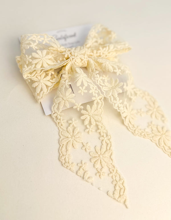 Large lace hair bow with tails “Cream” Gabificent