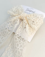 Large lace hair bow with tails “Cream” Gabificent