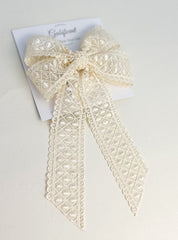 Large lace hair bow with tails “Cream” Gabificent