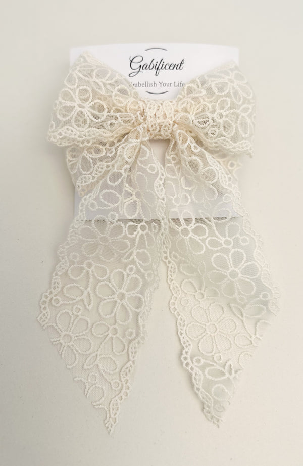 Large lace hair bow with tails “Cream” Gabificent