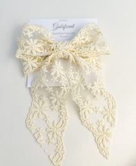Large lace hair bow with tails “Cream” Gabificent