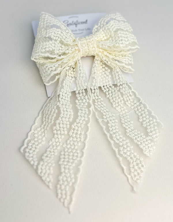 Large lace hair bow with tails “Cream” Gabificent