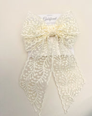 Large lace hair bow with tails “Cream” Gabificent