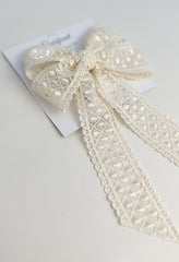 Large lace hair bow with tails “Cream” Gabificent