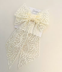 Large lace hair bow with tails “Cream” Gabificent