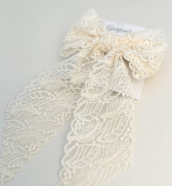 Large lace hair bow with tails “Cream” Gabificent