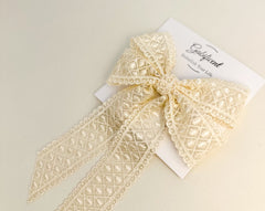 Large lace hair bow with tails “Cream” Gabificent
