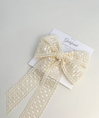 Large lace hair bow with tails “Cream” Gabificent