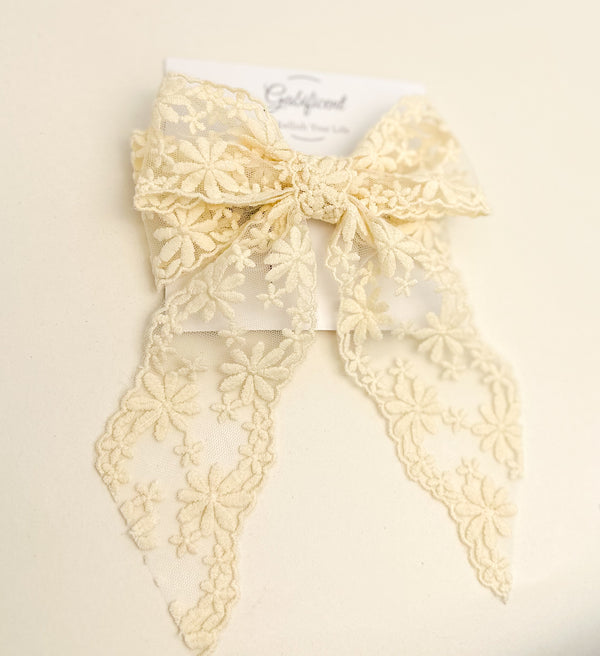 Large lace hair bow with tails “Cream” Gabificent