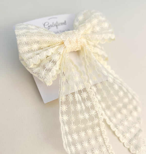 Large lace hair bow with tails “Cream” Gabificent