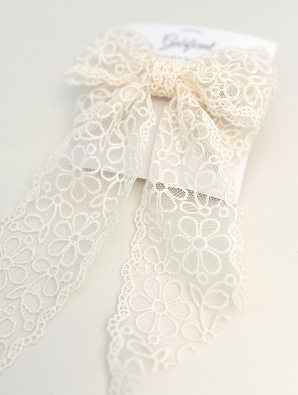 Large lace hair bow with tails “Cream” Gabificent