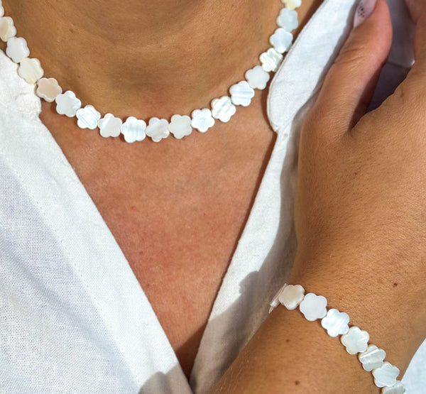 Natural White Freshwater Shell Bead Bracelet and Necklace Set Gabificent