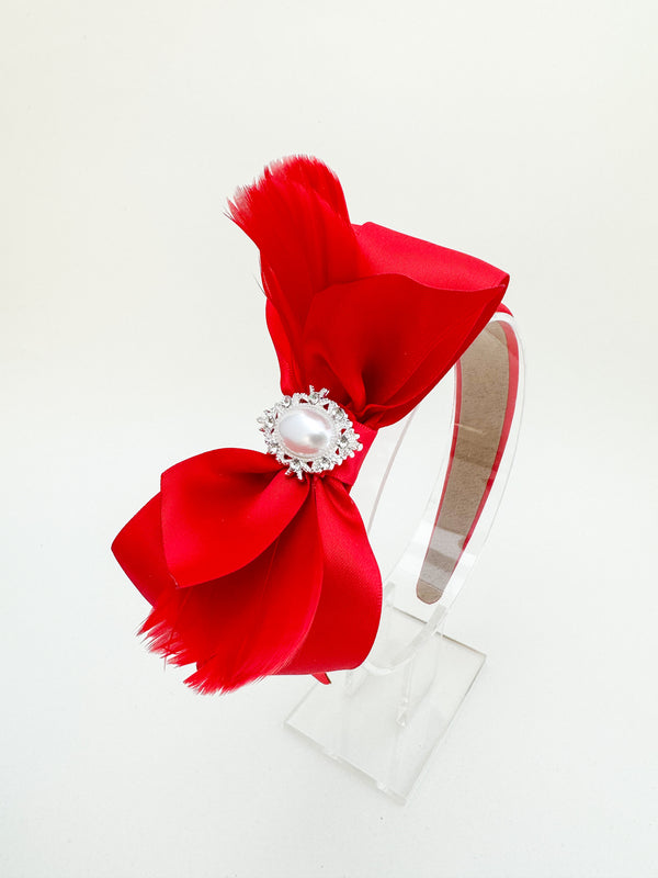 Red headband with bow and feathers - Gabificent