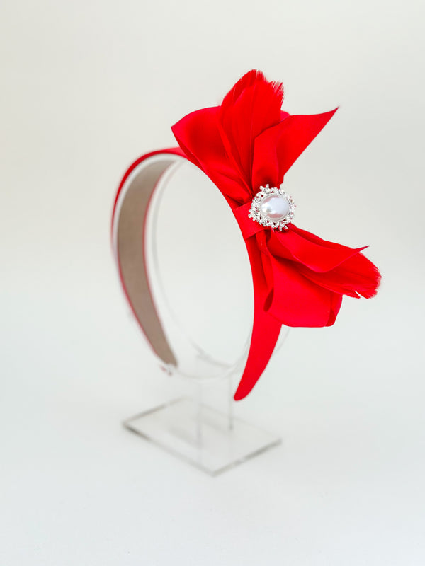 Red headband with bow and feathers - Gabificent