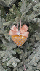 Luxury Gold Heart Ornament – Rhinestone and Pearl Embellished with Satin Bow