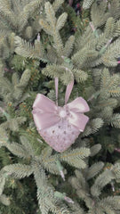Luxury Silver Heart Ornament – Rhinestone and Pearl Embellished with Satin Bow
