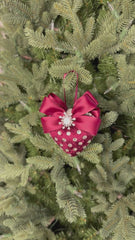 Luxury Burgundy Heart Ornament – Rhinestone and Pearl Embellished with Satin Bow