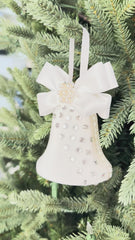 Elegant White Bell Ornament – Pearl and Rhinestone Embellished with Satin Bow