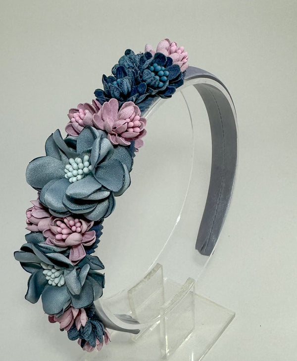 Headband with blue, grey and purple flowers Gabificent