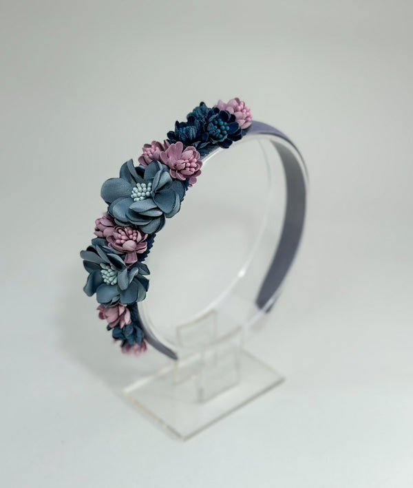 Headband with blue, grey and purple flowers Gabificent
